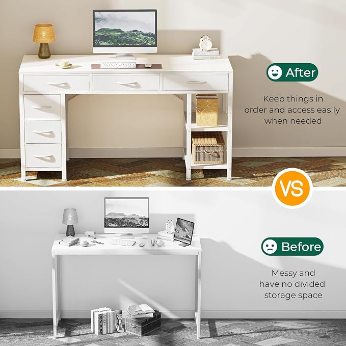 Huuger Computer Desk with 6 Drawers, Office Desk with Shelves, Reversible Gaming Desk, Corner Desk with Storage, Work for Home Office, Study, Living Room, 47inch, White