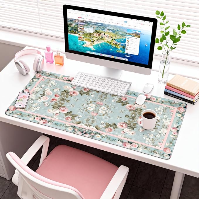Floral Aesthetic Rose Gaming Mouse Pad, Muted Green Rug Desk Mat with Anti-Slip Base & Stitched Edges,35.4" x 15.7" in Desk Accessories for Women, Home Office Decor & Artistic Gift
