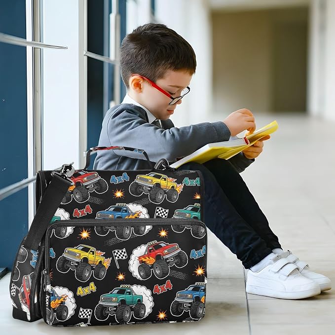 Monster Truck Black Print Zipper Binder Bag 3 Ring with Shoulder Strap & Handle Multi Pocket Binder Organizer Bag Large Capacity for School Office Supplies