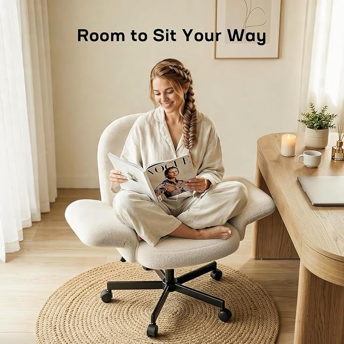 Marsail Criss Cross Office Chair with Adjustable Armrests & Wheels, Vanity Chair with Wide Cushion, Reclining Back, Soft Chenille Fabric, Desk Chair for Home Office, Makeup Room, Bedroom, White
