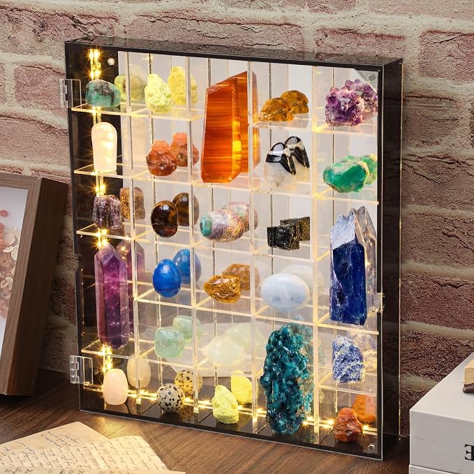 Cinnvoice Rock Display Case 30 Grids, Black Border, Square with LED | Adjustable Acrylic Display Case, Crystal Organizer for Collectible, with Built-in Mirrored, Magnetic Door, Wall Mount