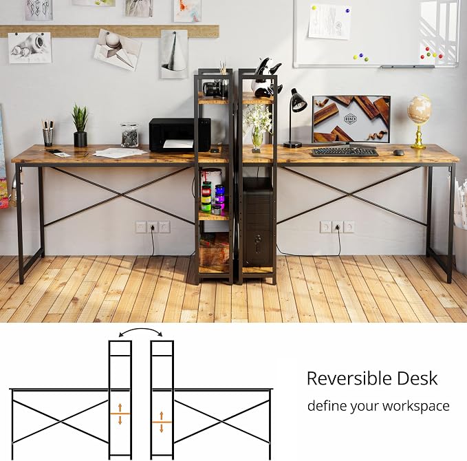 IRONCK Computer Desk 55" with Power Outlet and Storage Shelves,Rustic Brown | Study Writing Table with USB Ports Charging Station, PC Desk Workstation for Home Office