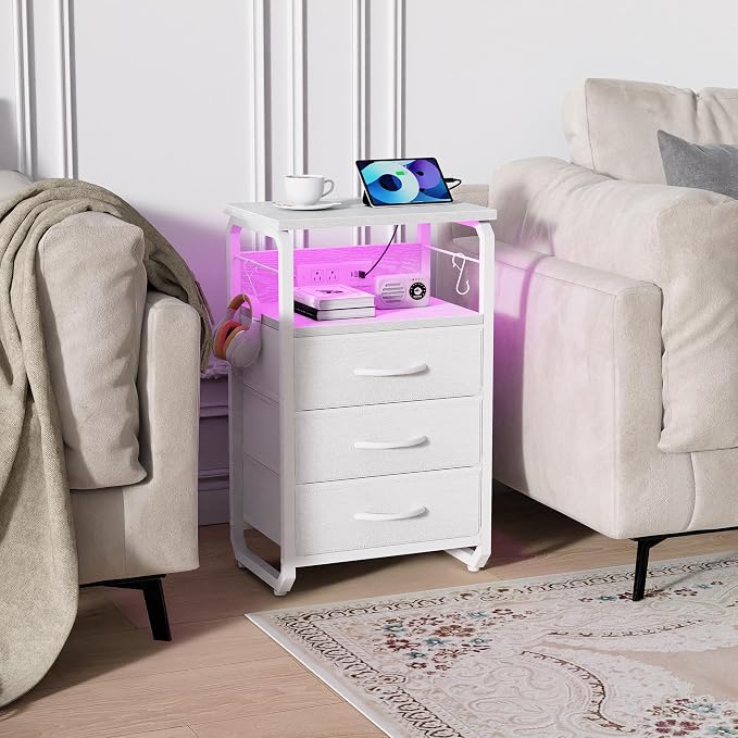 runjuly End Table Small with LED Light, Charging Station, and Hooks, White | 3 Fabric Drawer Storage, Type C & USB Ports & Power Outlets, Modern Nightstand for Living Room / Bedroom / Dorm