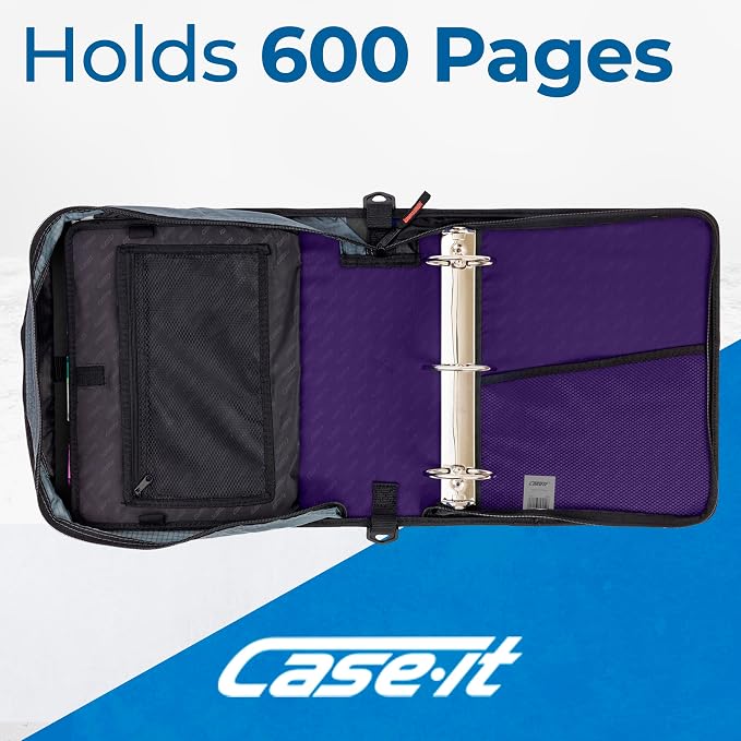 Case-it Zipper Binder | 3-Inch O-Rings | 600-Sheet | D-146 Purple Eclipse | Mighty Zip Tab, 5-Subject Expanding File Folder, Multiple Pockets, Storage Organizer, Shoulder Strap, School & Office