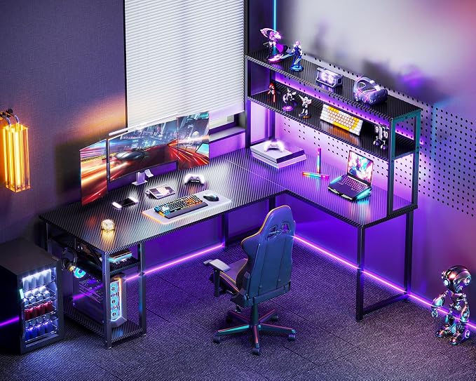 ODK 61 Inch L Shaped Gaming Desk with Hutch & Headphone Hook | Black Corner Computer Table with LED Light and Storage Shelves for Home Office