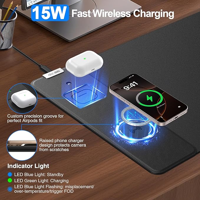 Magnetic Wireless Charging Mouse Pad, 27.5"x11.8", with 20W Adapter, Black | Gaming Desk Mat with Superior Stitched Edges, Non-Slip Base, Waterproof Smooth Desk Writing Pad for Gamer, Office & Home