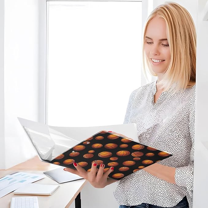 Basketball Pattern Orange Black Round Ring Binders 1.5 Inch Sports Ball Exercise 3 Ring Clipboard Binder for Office School Work Supplies File Folder Document 200 Sheet Capacity Easy Open 2 Pieces