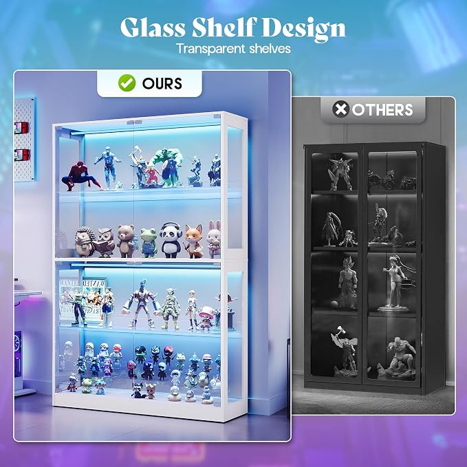 AMERLIFE 45-Inch RGB Display Cabinet with Glass Doors | 70 H x 45 W x 16 D In, 4-Tier Storage, Adjustable Glass Shelves, RGB LED Lights, Press-to-Open Doors, White