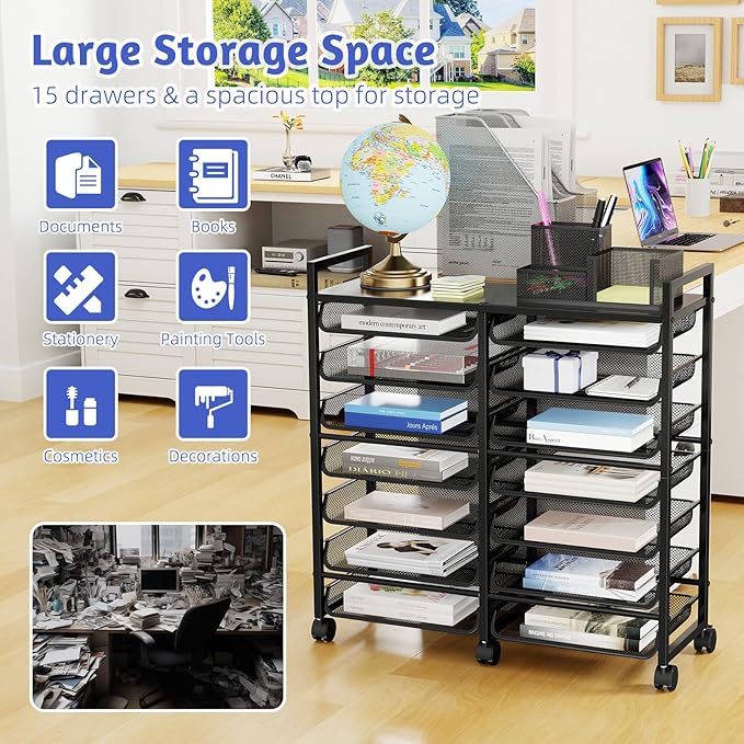 Simple Trending Rolling File Storage Cart, 15-Tier Metal Desk File Organizer with 14 Mesh Sliding Trays, Multi-Functional Clutter Cart for Office Home School, Black