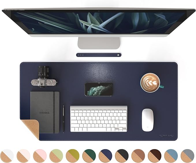 RENMTURE Dual-Sided Mouse Pad, Natural Cork & PU Leather Large Desk Pad for Office and Home Work, Desk Protector Non-Slip, Waterproof, Easy Clean (Dark Blue, 32"x16")