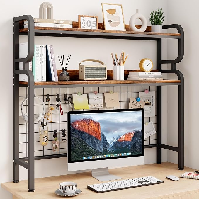 BYMECOST 38.6" Desktop Hutch Bookshelf,2-Tier Desk Shelf with Pegboard | Heavy-Duty Desktop Bookcase With Grid Panel and Hook, Desk Hutch for Computer in Offices or Dorms