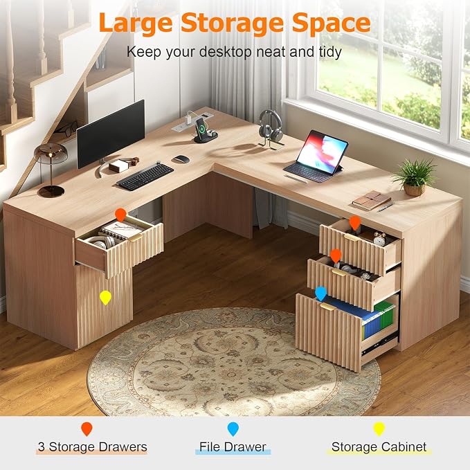 69" Fluted L Shaped Executive Desk with Power Outlets & File Drawer, Modern Wood L Shaped Office Desk with Storage Cabinet and Drawers, Large Corner Desk Computer Writing Desk for Home, Natural Oak