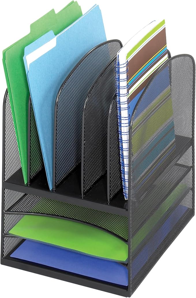 Safco 3266BL Onyx Mesh 5 Sorter, 3 Tray Desktop Organizer. Durable Steel Mesh Construction -3 Horizontal Trays. Multifunctional Use Ideal for Cubicles, Home Offices, Mail Rooms & Classroom