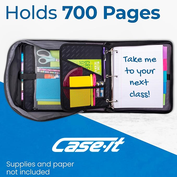 Case-it The Dual 2.0 2-in-1 Zipper Binder | Two 2-Inch D-Rings, 700 Sheet Capacity, 5-Subject Expanding File Folder, Multiple Pockets & Storage Organizer, Shoulder Strap | Dual-301 Black (Pack of 3)