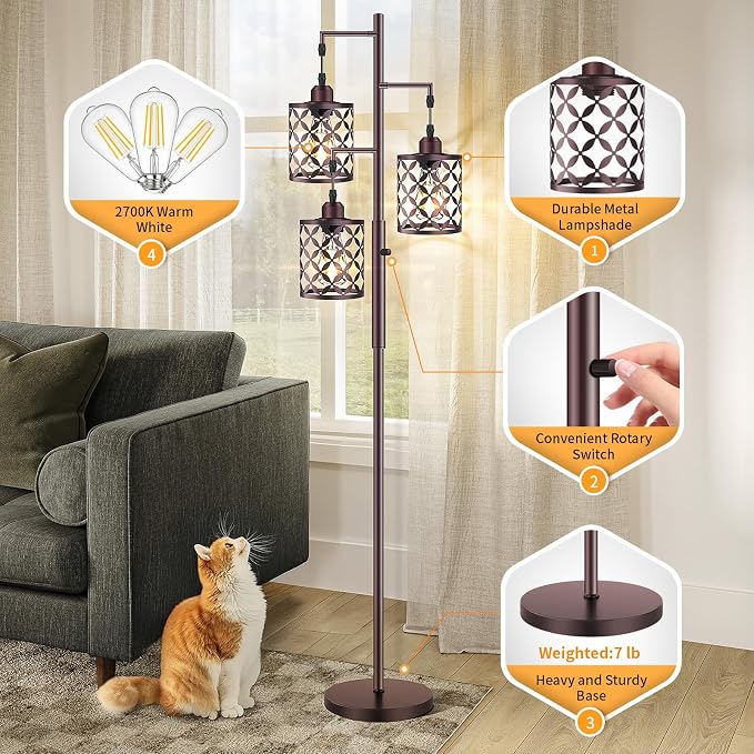 Dimmable Floor Lamp, Farmhouse Standing Lamp with Elegant Metal Cage, Industrial Tall Tree Floor Lamps for Living Room Bedroom Study Room Office, 3 x 800LM LED Bulbs Included - 68", Brown