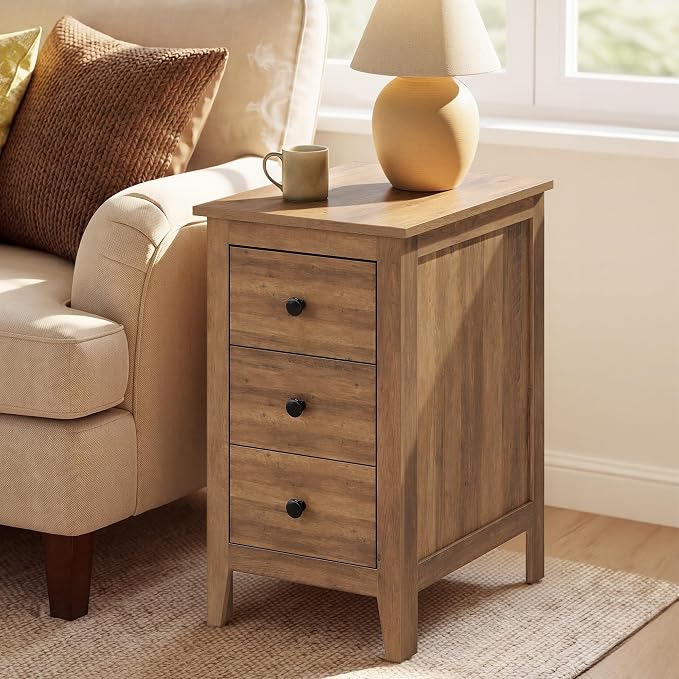 VASAGLE Side End Table with 3 Storage Drawers, Nightstand Farmhouse | Narrow Bedside Table for Living Room, Bedroom, Home Office, Honey Brown, LIRY Collection ULET132K101S