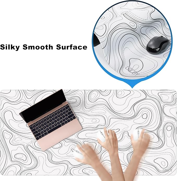 Cacoy 48"x24" White Topographic Large Gaming Mouse Pad Extended PC Desk Mat | Extra Large Computer Mouse Mat with Stitched Edges, Minimalist Contour Line Non-Slip Rubber Base Desk Pad Office Accessories