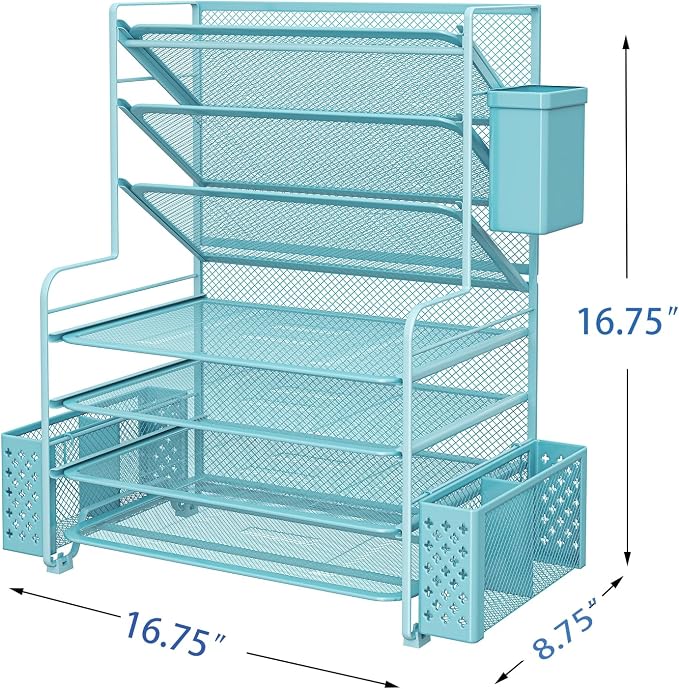 Simple Trending 7 Tier Desk File Organizer, Letter Tray Paper Organizer with Pen Holder and Metal Hanging Basket, Blue
