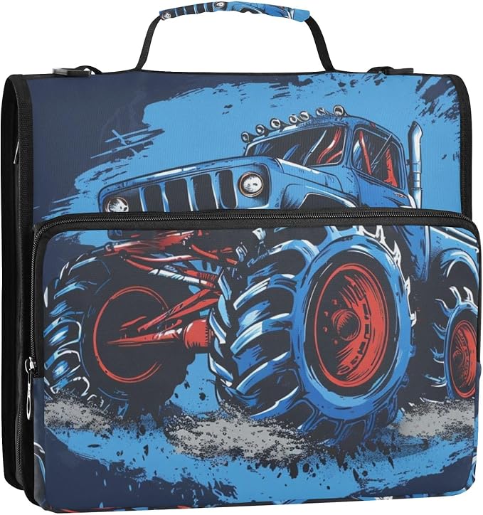 Truck Blue 3 Ring Binder Bag 1.5 inch Binder Organizer with Zipper Shoulder Strap 500 Sheet Documents Storage for School Office