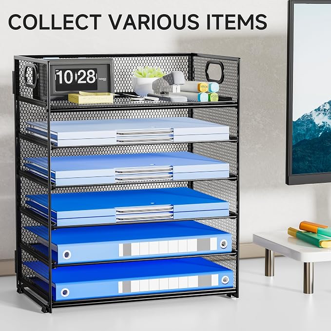 6-Tier Paper Organizer for Desk with Handle | Heavy Duty Metal File Organizer, Stackable Desktop Organizer for Office Supplies, Documents and Stationery Storage