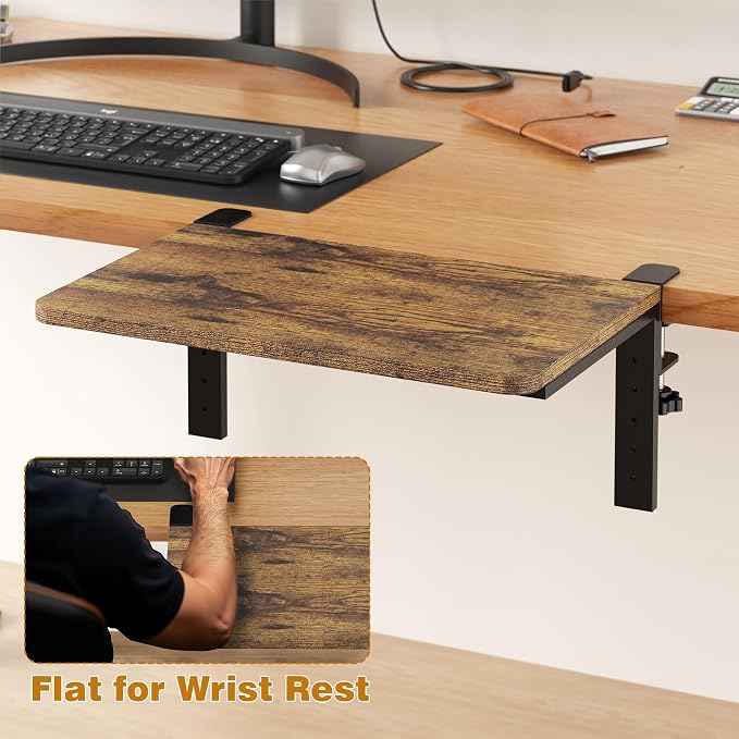 Desk Extender, 15-inch Clamp-On Desk Shelf, Height-Adjustable Desktop Shelf Organizer for Monitors Office and Gaming Accessories, Arm Support Table Extension, 44lbs Heavy Duty, Dark Brown