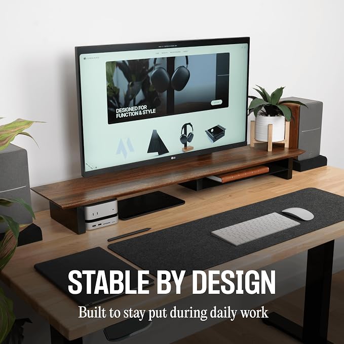 COREMINDED Solid Wood Dual Monitor Stand Riser, 42 Inch Walnut Desk Shelf | Fits 2 Monitors, Sturdy & Stable Solid Wood, Under Monitor Keyboard Storage, Office Desktop Organizer, Easy Assembly, Walnut
