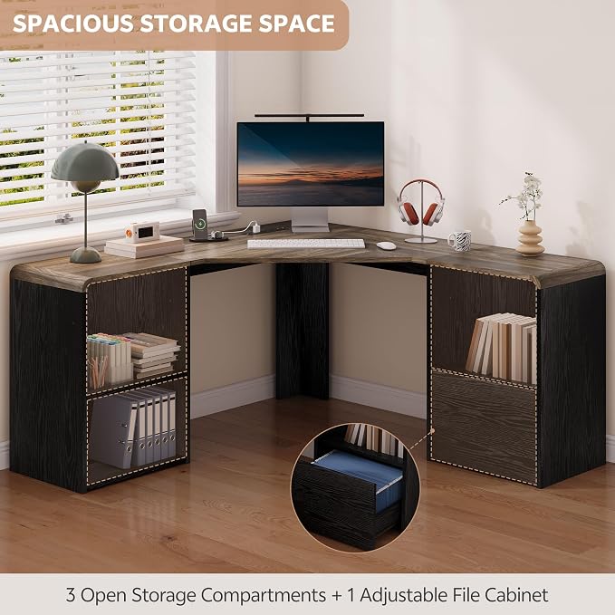59'' Reversible L-Shaped Computer Desk, Black | Corner Desk w/ Fluted Storage, Sliding Doors, Drawers & 4AC+USB-C. Reversible Fits Any Room Layout For Home Office