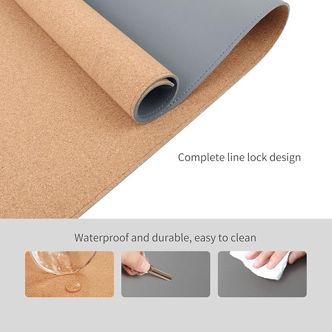 RENMTURE Dual-Sided Mouse Pad, Natural Cork & PU Leather Large Desk Pad for Office and Home Work, Desk Protector Non-Slip, Waterproof, Easy Clean (Gray, 32"x16")