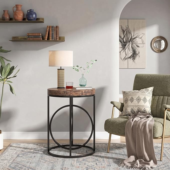 LITTLE TREE 20” Round End Table with Thick Wood Top，Modern Sofa Side Table with Gold O-Shaped Base, Midcentury Accent Table Cocktail Table Nightstand for Living Room Bedroom