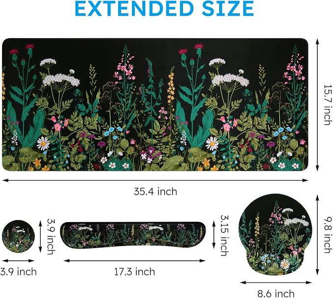 iCasso Floral 4in1 Writing Pad, 35.4"x15.7" Work Mat for Workspace | Aesthetic Ergonomic Desk Pad with Keyboard Wrist Rest, Mousepad Set for Travel Women Classroom Office Workspace Area