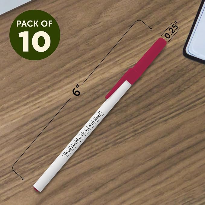 DISCOUNT PROMOS Custom Value Stick Pens Set of 10, Personalized Bulk Pack - Blue Ink, Great for Office, School, Business, Tradeshows, Events - Burgundy Cap