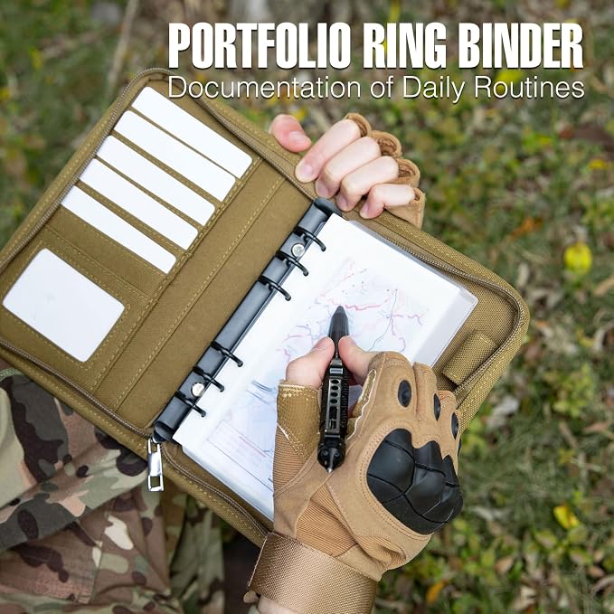 Kosibate Tactical Notebook Padfolio Ring Binders with 45 Sheets,Army Military Notebook Portfolio Binder with Zipper for Tactical Gear and Organizer, Refillable 6-Ring Binder(Khaki,5.5'' x 8.5'')