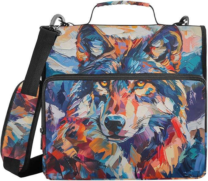 Mountain Wolf Colorful Zipper Binder with Shoulder Strap Bag 3 Ring Binder Organizer Large Capacity Multiple Compartments for School Office