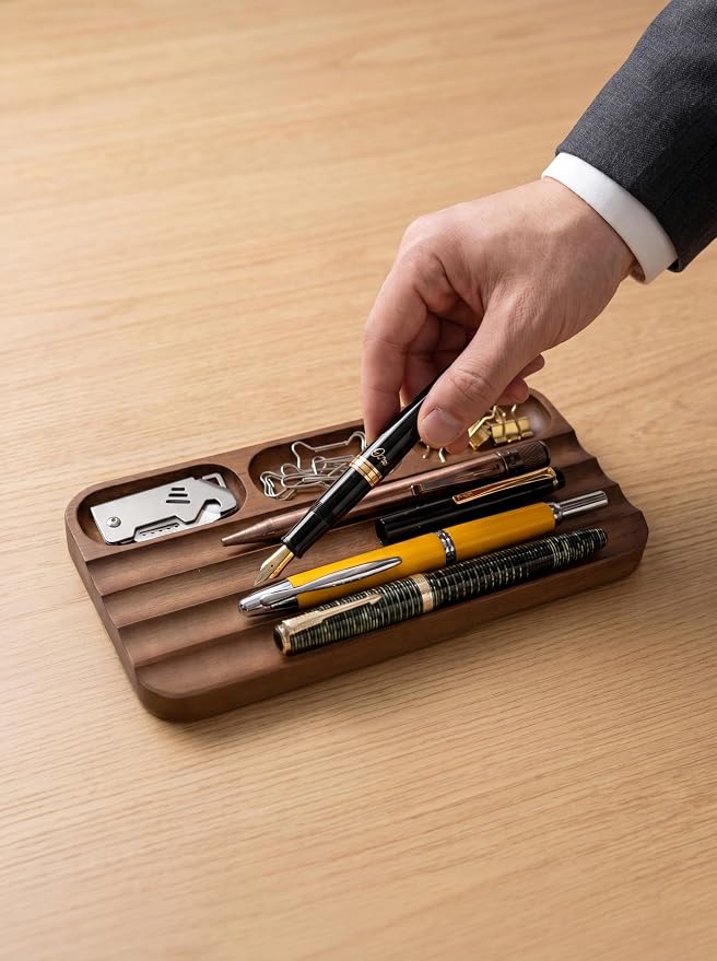 Horizontal Pen Holder,Acacia Wood Pen Tray,Desktop Pen Display,Walnut Desk Tray,Paperclip Headphones Eraser Office Stationery Storage,Brown