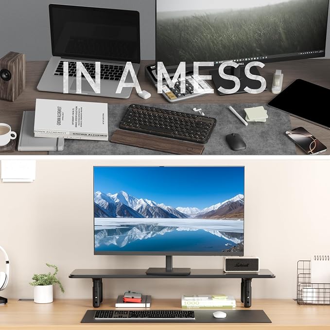 AFOOYO Dual Monitor Stand for Desk, Adjustable Height Wood Computer Riser, Ergonomic Monitor Shelf for Laptop, Printer, TV, Black - Large Storage Space, Sturdy Desk Organizer for Home & Office,Black