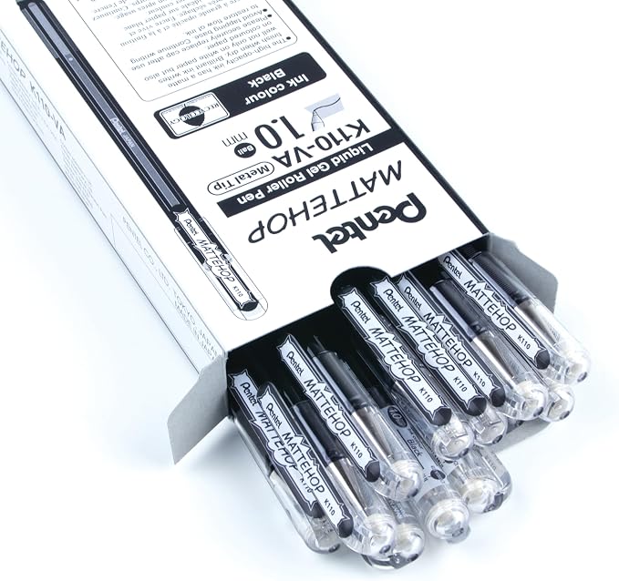 Pentel Arts Hybrid MATTEHOP Gel Roller, 1.0mm, Matte Black Ink, Box of 12 Each (K110-VA)