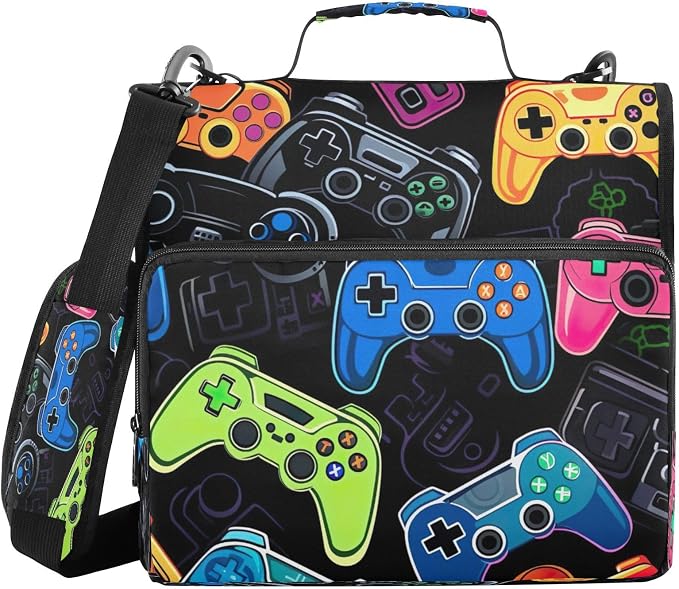 ATTX Colorful Video Game Controllers Zipper Binder with Adjustable Padded Strap - 3 Ring 500 Sheet Capacity Binder Bag with Multi-Pocket Organizer, Fits 12 Inch Laptop#252
