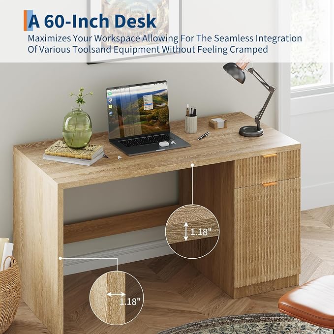 IDEALHOUSE Fluted Executive Desk with Drawers, 60" Modern Home Office Desk | with Storage Cabinet, Wood Fluted Computer Desks Workstation for Working, Studying, Writing, Natural Oak