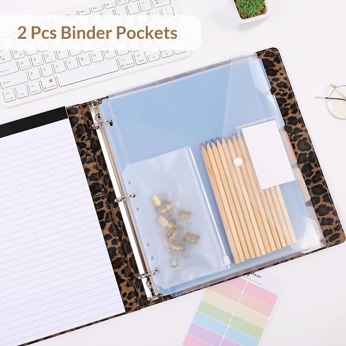 SKYDUE 1 Inch 3-Ring Binder with Clipboard, PU Aesthetic Binder with 5 Dividers, Notepad, Stickers & Pockets for Work and School (Letter Size)