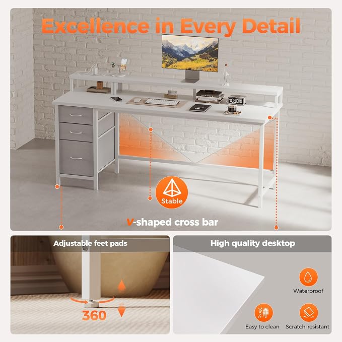 63 inch Computer Desk with Drawers, Reversible Gaming Desk, White | Gamer Desk with LED Lights, Power Outlets & Monitor Stand, Large Office Table for Home Bedroom Study Work Writing