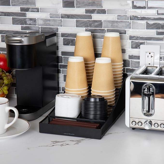 Mind Reader Countertop Organizer, Office Breakroom Supply Caddy for Cups Lids Stirrers and Condiments, Metal Mesh, Black