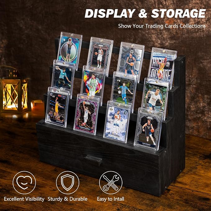 Emfogo Trading Card Display, 3-Tier Card Display Case with Custom Drawer, Wood Graded Card Display with Supporters and Dividers, Sports Card Display Case for Collection (Black)