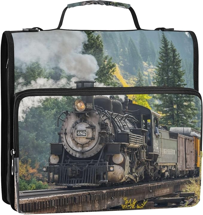 Fisyme Steam Train Zipper Binder 3 Ring with Zipper and Shoulder Strap Large Capacity Multi-Pocket Zipper Binder Organizer