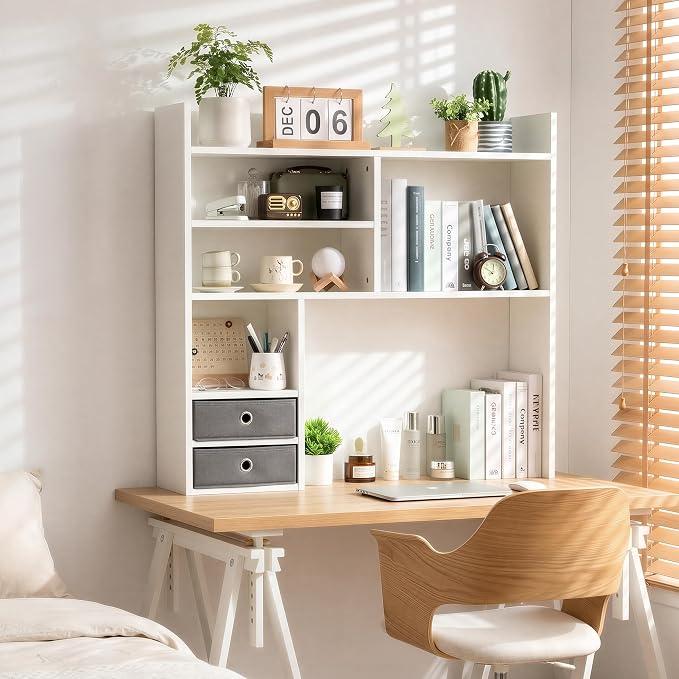 deli Desktop Bookshelf, High-Capacity Desk Hutch Organizer, White | with 7 Shelves and 2 Drawers for Computer Desk, Desk Shelf Organizer for Dorm Office Home