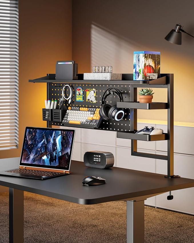 Clamp on Desk Shelf, 44" Desktop Shelving System, Black | with Pegboard and Accessories, Desktop Organizer with 2-Tier Shelf, Desk Pegboard for Office Home Gaming