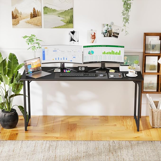PayLessHere | 63 Inch Computer Desk | Black | Office Desk with Metal Frame, Adjustable Feet | Water-Resistant, Scratchproof Surface | Sturdy Writing Table for Home Office or Study | Pack of 1