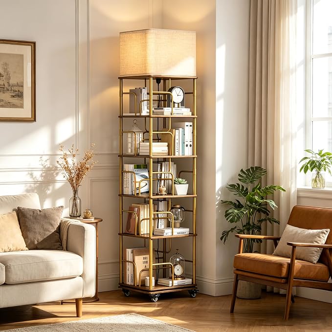 5 Tier Gold Rotating Bookshelf with Light, Square Revolving Book Shelf Tower with Wheels, 360 Display Corner Shelves with Large Capacity for Small and Narrow Space, Office, Living and Bed Room