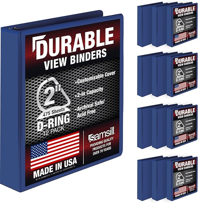 Samsill Durable 2 inch 3 Ring Binder, D Ring Binder, 100% Recycled Chipboard, Blue, 12 Pack