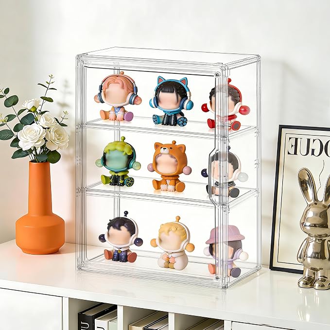 2 Pack ﻿3-Tier Clear Acrylic Display Case Wall-Mounted & Stackable Organizer with Magnetic Door, Dustproof Storage Cabinet for Collectibles Handmade Models (2, 10.6"(L) x 5.1"(W) x 14.2"(H))