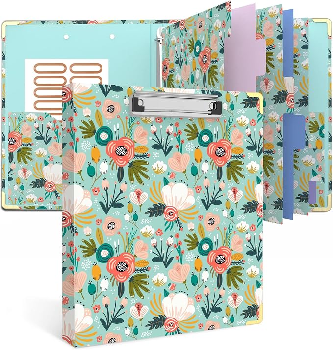 3 Ring Binder 1 Inch, Cute Round Ring Binders with 6 Tab Dividers, Labels Stickers, Low Profile Clipboard with Storage, Fashion Binder School Office Supplies(Green Floral)
